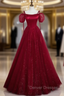 Burgundy Tulle Sequins Straps Puff Sleeve Prom Dress