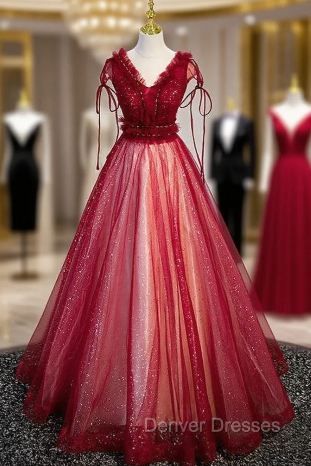 Burgundy Tulle Sequins V-neck Beading Prom Dress Main image