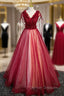 Burgundy Tulle Sequins V-neck Beading Prom Dress
