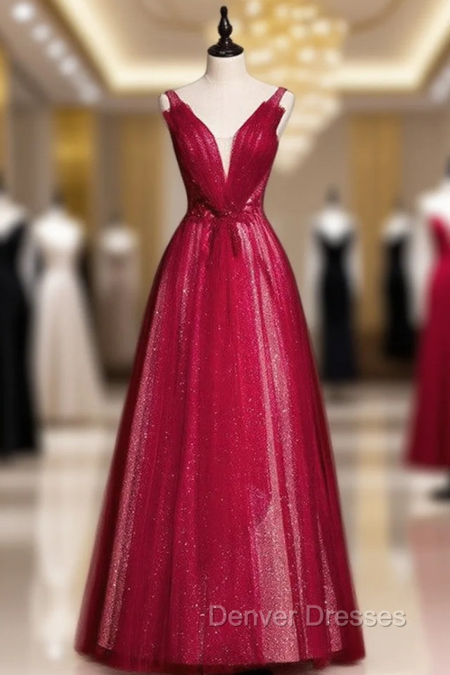 Burgundy Tulle Sequins V-neck Pleats Beading Prom Dress Main image