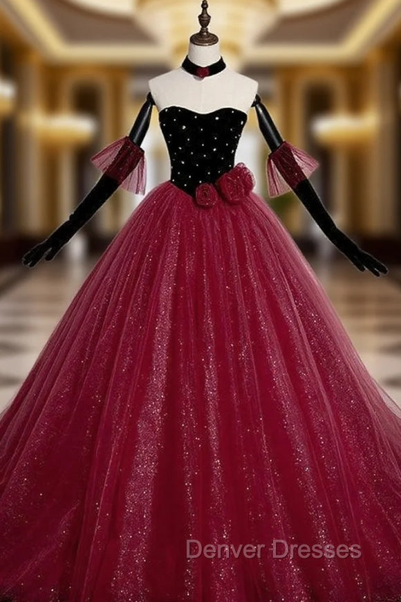 Burgundy Tulle Sequins Velvet Strapless Prom Dress Main image