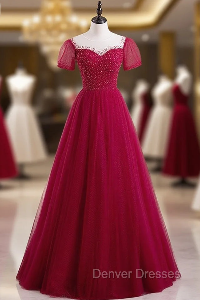 Burgundy Tulle Short Sleeve Scoop Neck Prom Dress