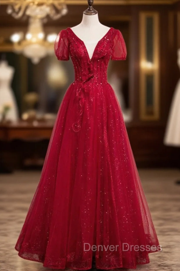 Burgundy Tulle Short Sleeve V-neck Beading Prom Dress Main image