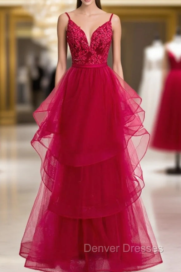 Burgundy Tulle Spagehtti Straps Appliques Beading Prom Dress