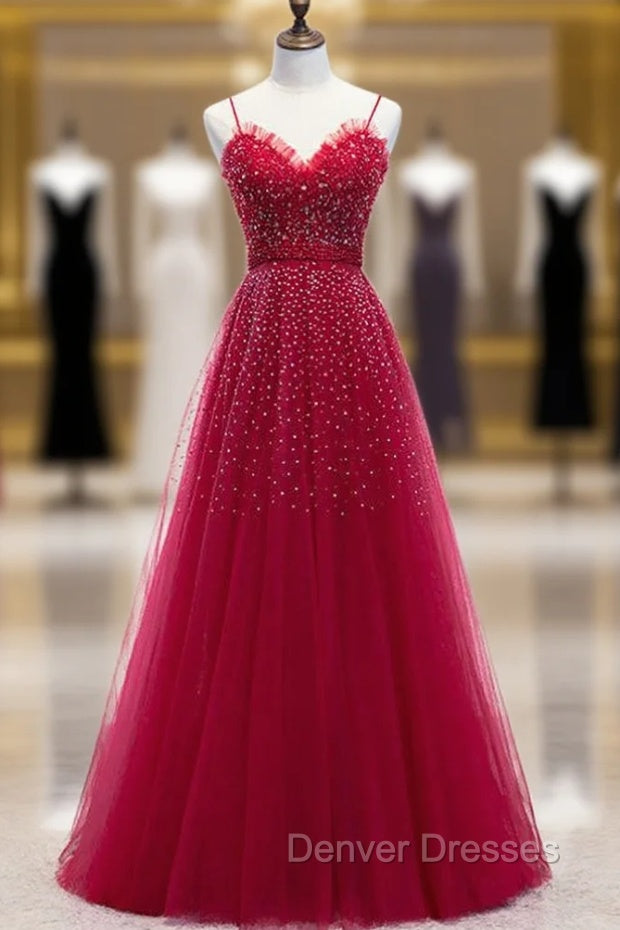 Burgundy Tulle Spagehtti Straps Beading Prom Dress