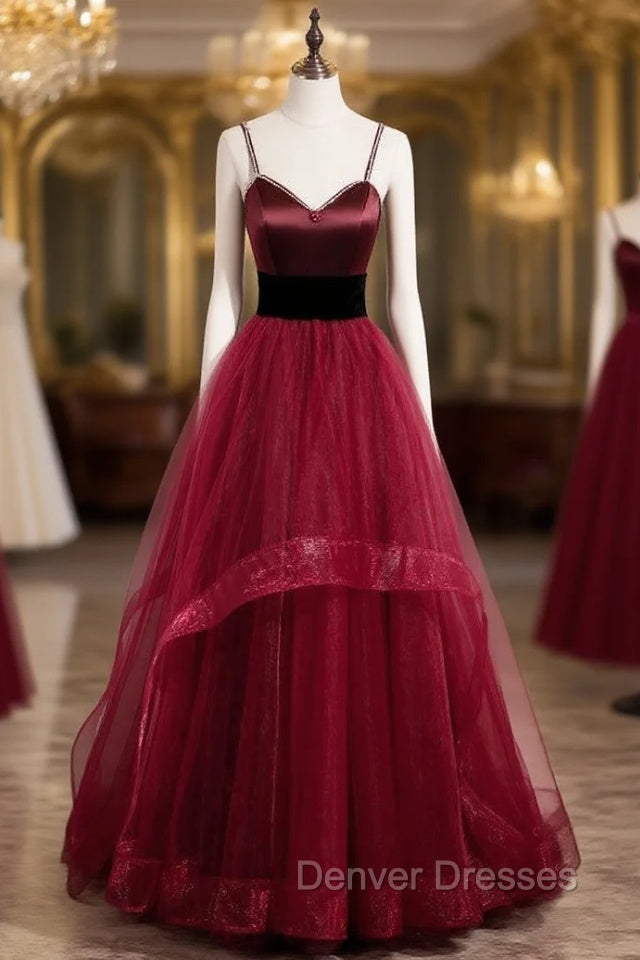 Burgundy Tulle Spaghetti Straps Backless Prom Dress Main image