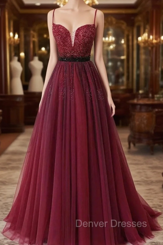 Burgundy Tulle Spaghetti Straps Beaded Prom Dress Main image