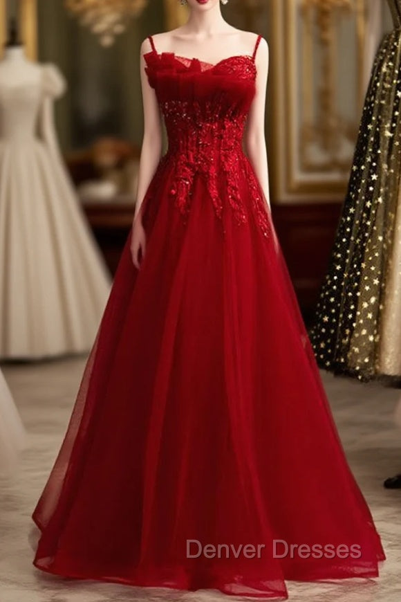 Burgundy Tulle Spaghetti Straps Beading Long Prom Dress