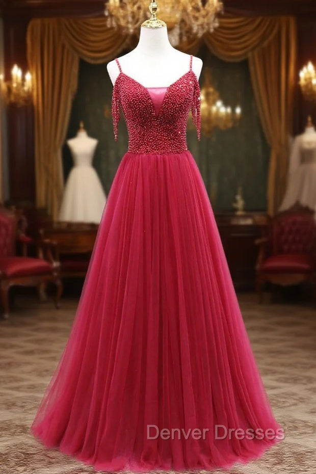 Burgundy Tulle Spaghetti Straps Beading Prom Dresss Main image