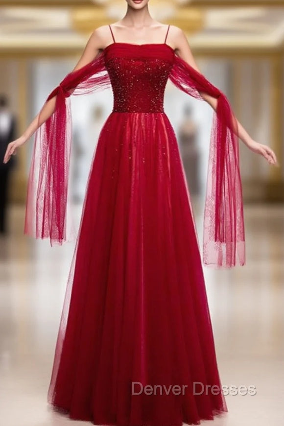 Burgundy Tulle Spaghetti Straps Beading Sequins Prom Dress Main image