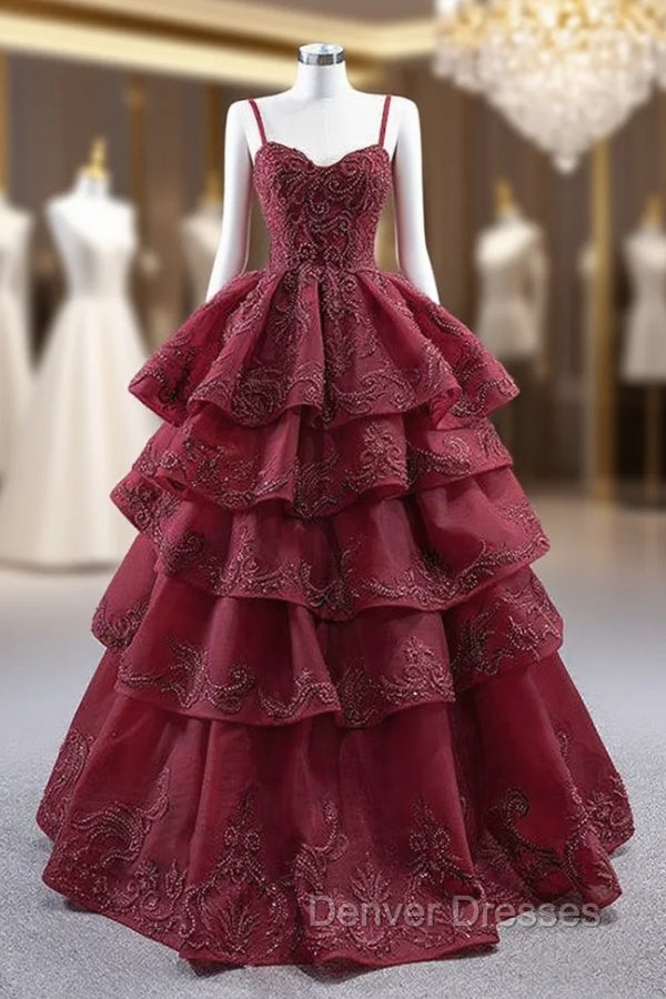 Burgundy Tulle Spaghetti Straps Beading Tiers Prom Dress