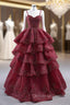 Burgundy Tulle Spaghetti Straps Beading Tiers Prom Dress