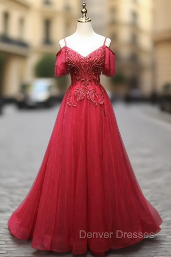 Burgundy Tulle Spaghetti Straps Lace Beading Prom Dress Main image