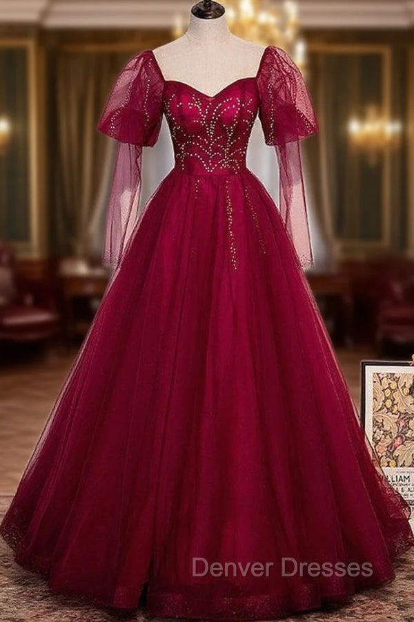 Burgundy Tulle Square Long Sleeve Beading Prom Dress Main image