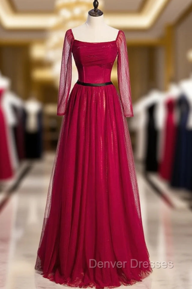 Burgundy Tulle Square Long Sleeve Prom Dress