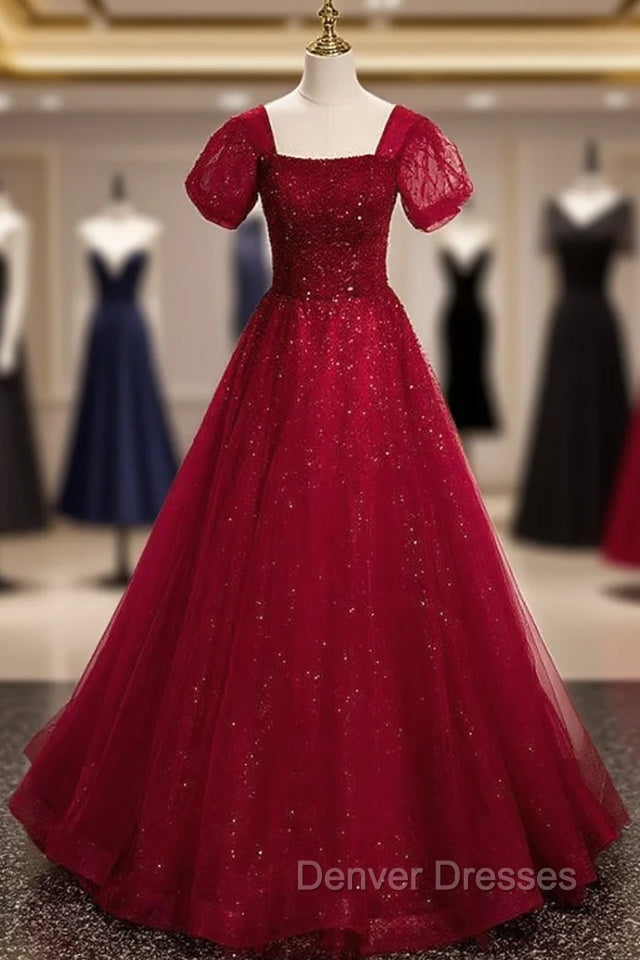 Burgundy Tulle Square Puff Sleeve Beading Prom Dress Main image