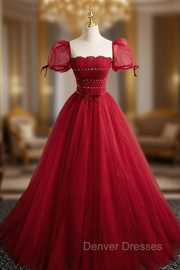 Burgundy Tulle Square Puff Sleeve Pleats Beading Prom Dress