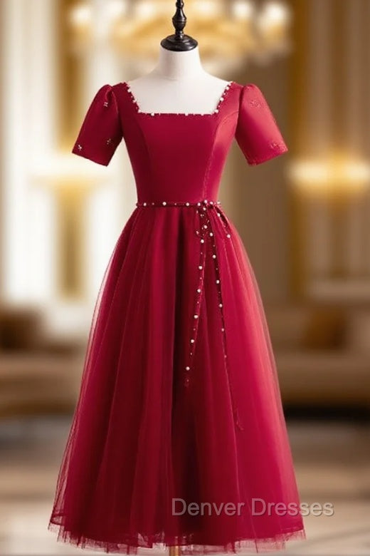 Burgundy Tulle Square Short Sleeve Pearls Prom Dress Main image