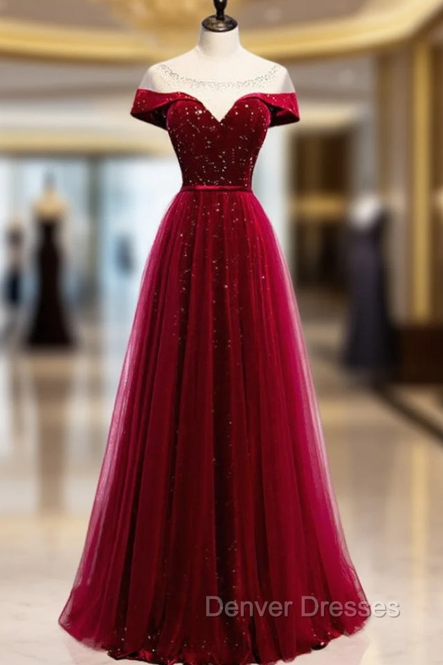 Burgundy Tulle Star Sequins Cap Sleeve Prom Dress Main image