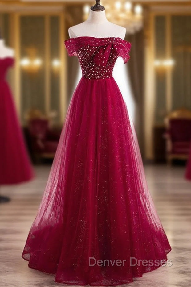 Burgundy Tulle Star Sequins Off the Shoulder Beading Prom Dress