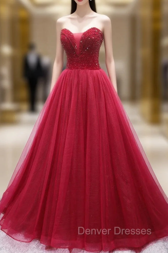 Burgundy Tulle Strapless Beading Prom Dress Main image