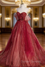 Burgundy Tulle Strapless Floor Length Prom Dress, A-Line Evening Graduation Dress