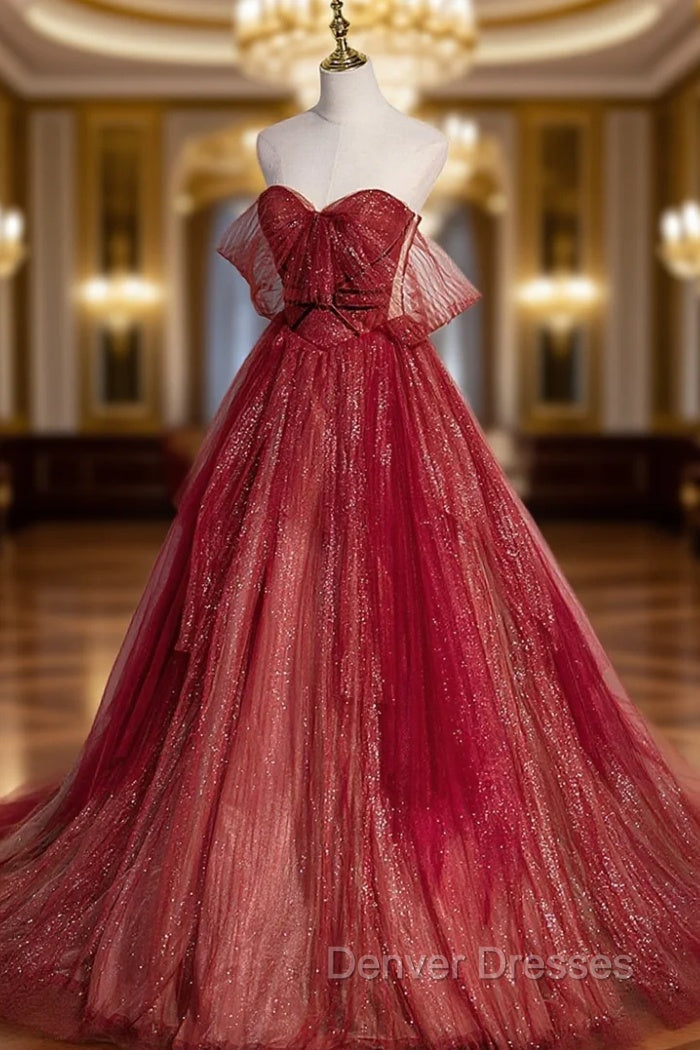 Burgundy Tulle Strapless Floor Length Prom Dress, A-Line Evening Graduation Dress Main image