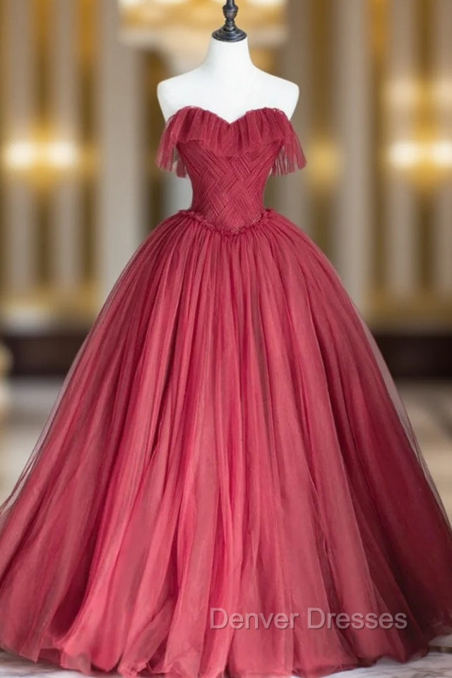 Burgundy Tulle Strapless Pleats Prom Dress Main image