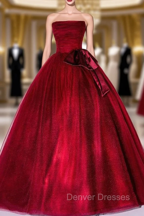 Burgundy Tulle Strapless Pleats Quinceanera Dress Main image