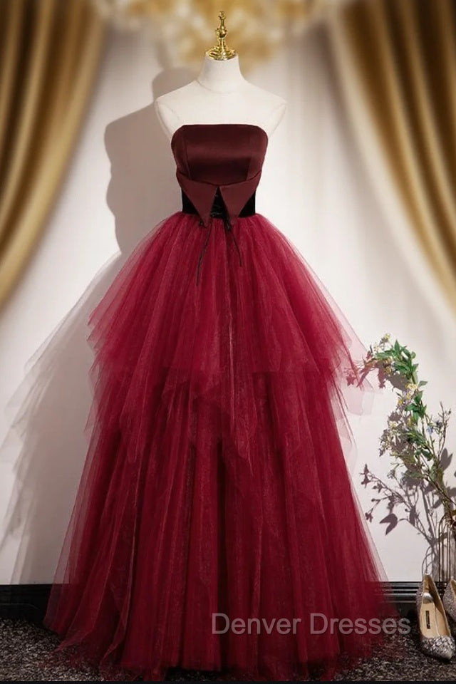 Burgundy Tulle Strapless Prom Dress Main image