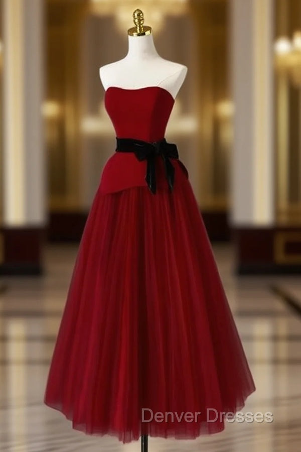 Burgundy Tulle Strapless Tea Length Prom Dress Main image