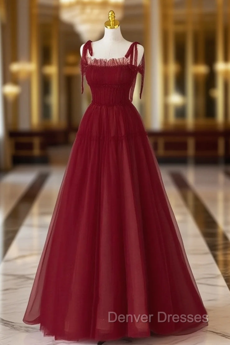 Burgundy Tulle Straps Beading Prom Dress Main image