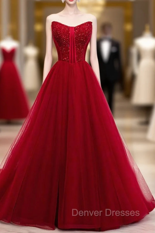 Burgundy Tulle Sweetheart Beading Long Prom Dress Main image