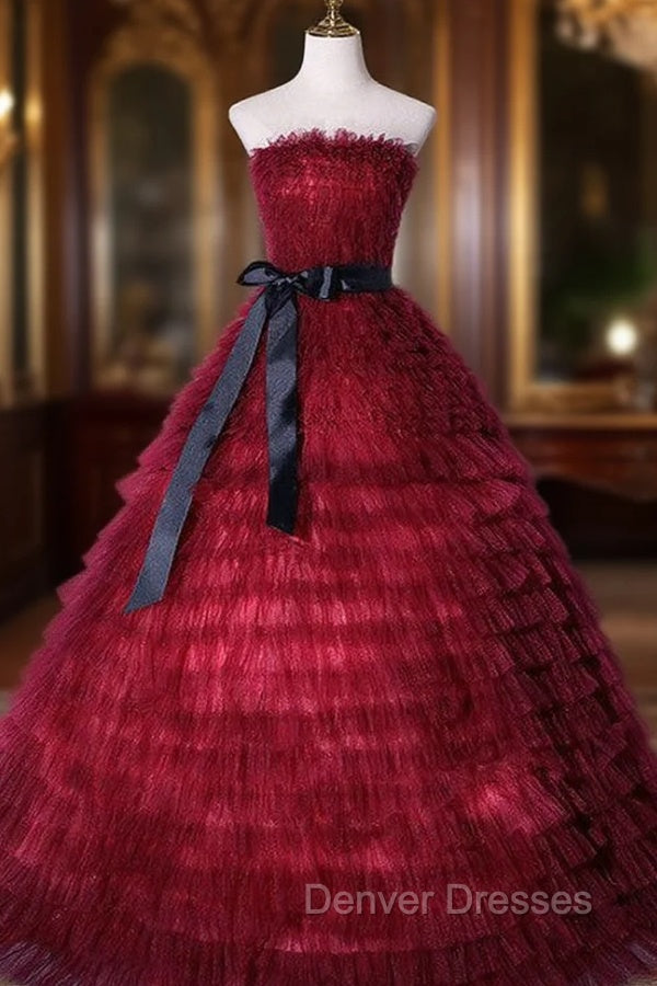 Burgundy Tulle Tiers Strapless Quinceanera Dress Main image