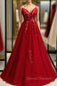Burgundy Tulle V-neck Appliques Backless Prom Dress