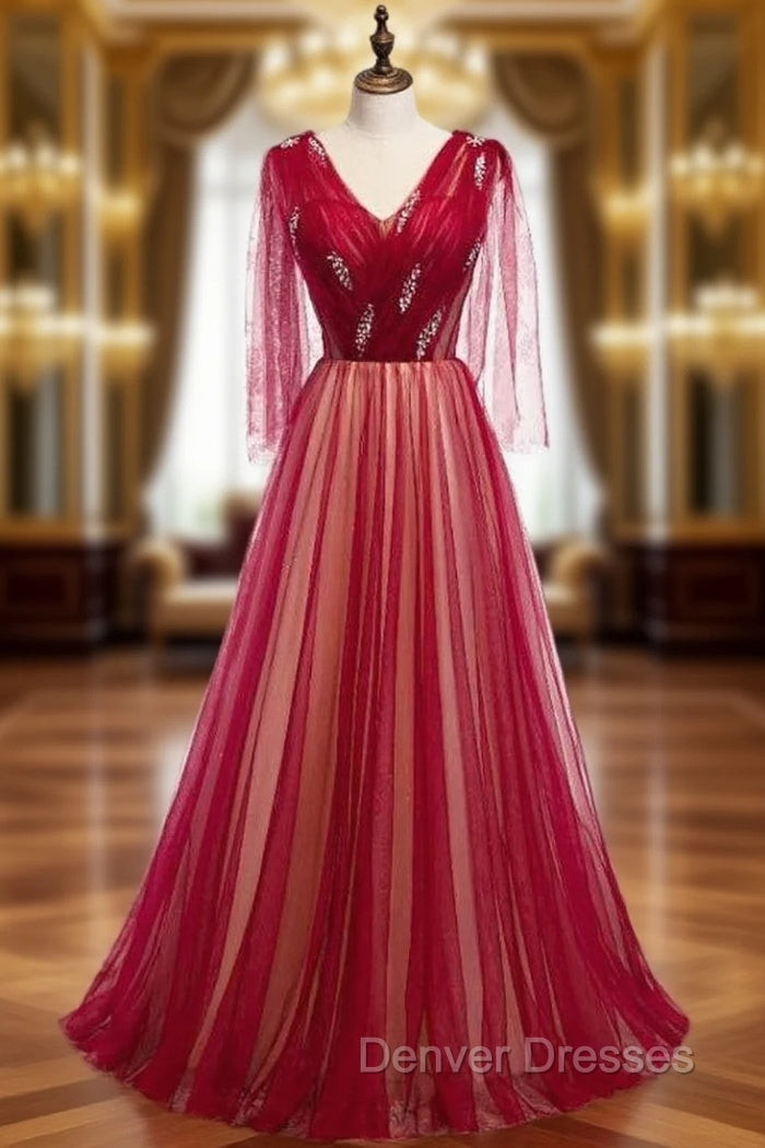 Burgundy Tulle V-neck Pleats Beading Prom Dress Main image