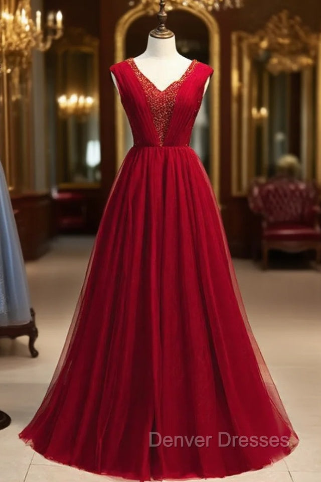 Burgundy Tulle V-neck Pleats Beading Sequins Prom Dress Main image