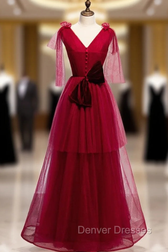 Burgundy Tulle V-neck Pleats Long Prom Dress With Bow Main image