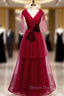Burgundy Tulle V-neck Pleats Long Prom Dress With Bow