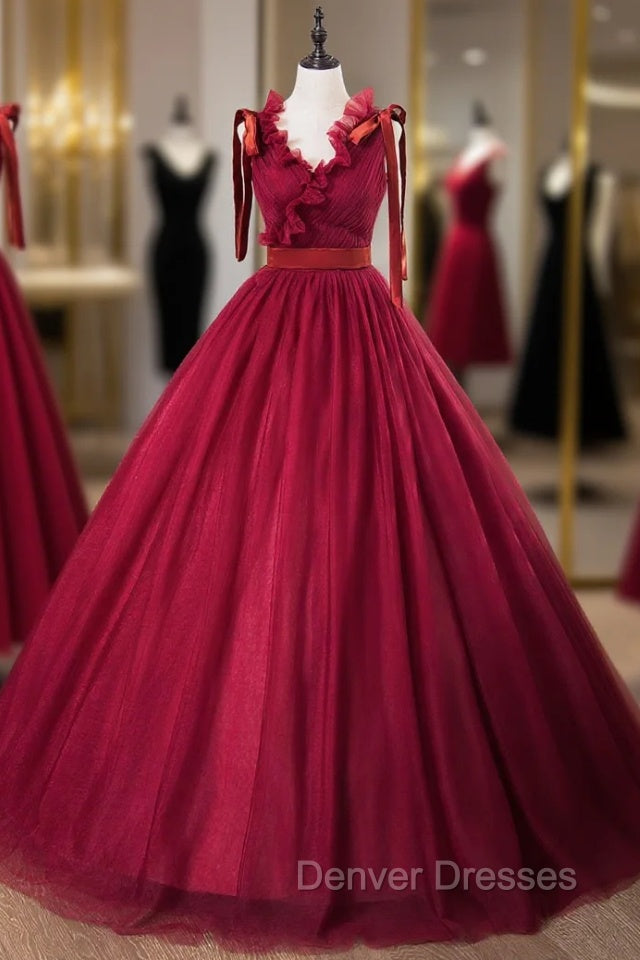 Burgundy Tulle V-neck Pleats Quinceanera Dress