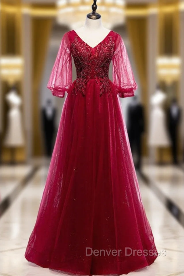 Burgundy Tulle V-neck Puff Sleeve Beading Prom Dress Main image