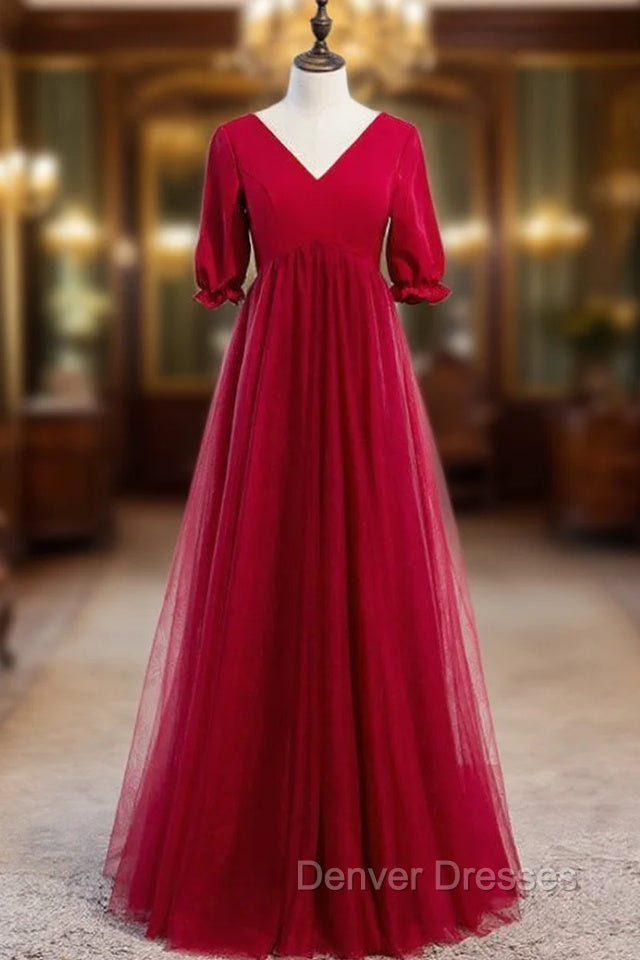 Burgundy Tulle V-neck Short Sleeve High Waist Prom Dress Main image