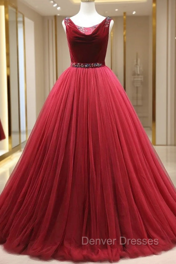 Burgundy Tulle Velvet Backles Beading Prom Dress Main image