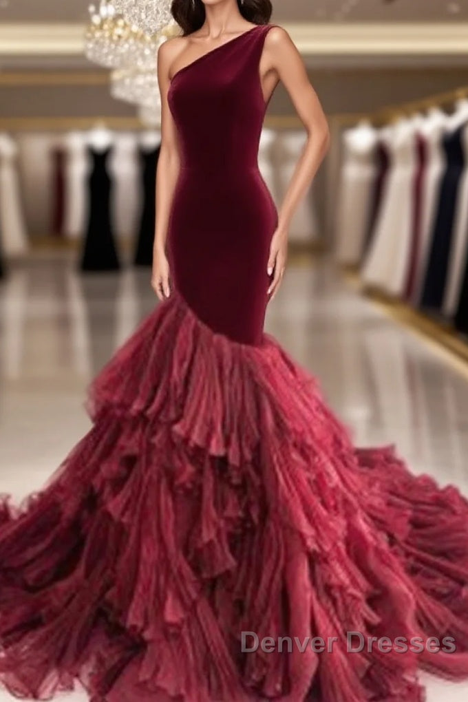 Burgundy Tulle Velvet Long Mermaid Dress Formal Prom Dress