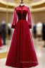 Burgundy Tulle Velvet Long Sleeve Button Prom Dress
