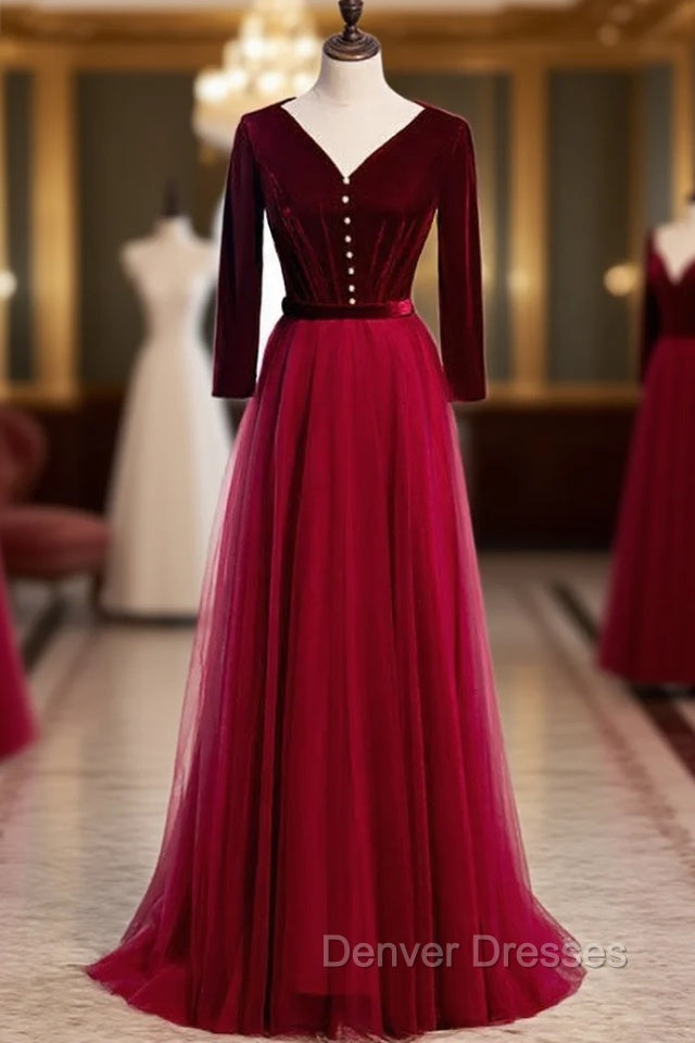 Burgundy Tulle Velvet Long Sleeve Pleats Prom Dress Main image