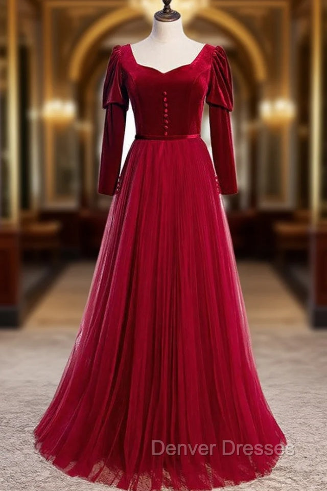 Burgundy Tulle Velvet Long Sleeve Square Long Prom Dress Main image