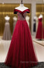 Burgundy Tulle Velvet Off the Shoulder Formal Prom Dress
