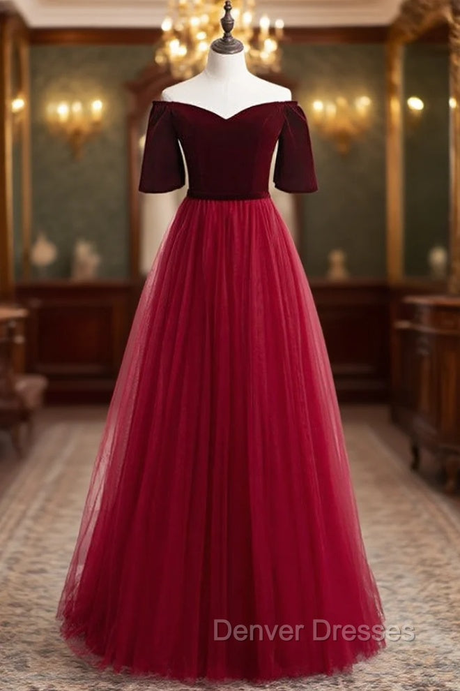 Burgundy Tulle Velvet Off the Shoulder Short Sleeve Prom Dress
