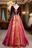 Burgundy Tulle Velvet Sequins V-neck Short Sleeve Prom Dress